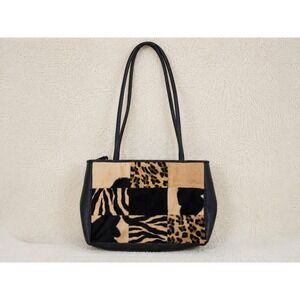 Vintage Faux Fur Patchwork Animal Print Shoulder Bag Leopard Zebra Black Tan